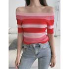 Boatneck Striped Summer-knit Top Pink - One Size