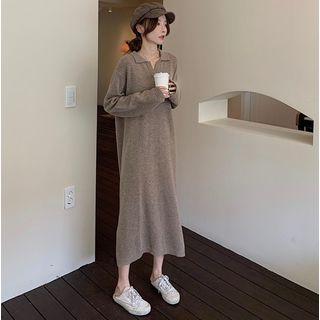 Long Sleeve Collared V-neck Knit Dress