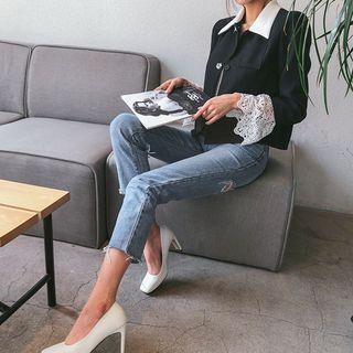 Contrast-collar Lace-cuff Buttoned Jacket