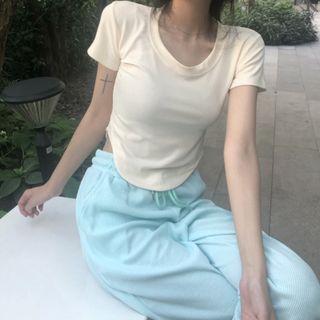 Asymmetrical Short-sleeve Top / High-waist Wide-leg Sports Pants