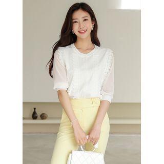 Chiffon-sleeve Lace-trim Knit Top