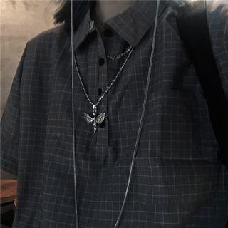 Checked Elbow-sleeve Oversize Shirt