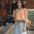 Puff-sleeve Frill-trim Gingham Blouse