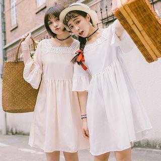 Crochet Trim Elbow Sleeve A-line Dress