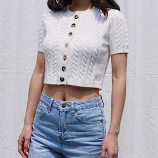 Buttoned Short-sleeve Knit Top White - One Size