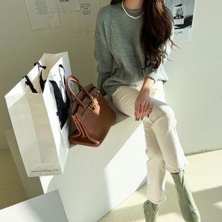 Drop-shoulder Woolen Plain Sweater Dark Mint Green - One Size