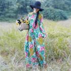Frog-buttoned Long-sleeve Printed Maxi Dress