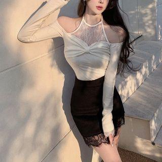Cold Shoulder Lace Panel T-shirt / A-line Skirt