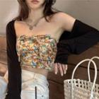 Set: Floral Print Tube Top + Shrug Set - Black & White - One Size