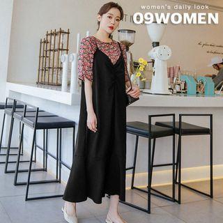Plus Size Shirred-front Ruffle-hem Pinafore Dress