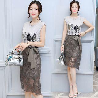 Set: Horse Print Tank Dress + Lace Midi Skirt