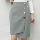 Buttoned Houndstooth Asymmetric Pencil Skirt