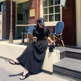 Puff-sleeve Pleated Maxi T-shirt Dress