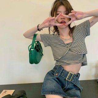 Mock Two-piece Short-sleeve Striped Top Stripe - Black & Gray - One Size