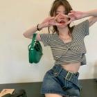 Mock Two-piece Short-sleeve Striped Top Stripe - Black & Gray - One Size