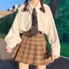 Long-sleeve Shirt With Necktie / Plaid Pleated Mini A-line Skirt