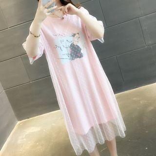 Elbow-sleeve Overlay Midi T-shirt Dress