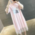 Elbow-sleeve Overlay Midi T-shirt Dress