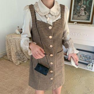 Mock Two-piece Plaid Long-sleeve Mini Collared Dress As Shown In Figure - One Size