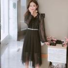 Lace Trim Balloon-sleeve A-line Midi Mesh Dress