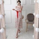 Ruffle-trim Floral Print Dress With Sash