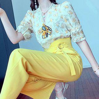 Set: Elbow-sleeve Floral Print Blouse + Pants