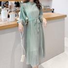 Frilled Trim Long-sleeve Midi Chiffon Dress