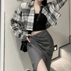 Plaid Crop Shirt / Plain Camisole Top / Irregular Midi Pencil Skirt