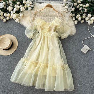 Puff Short-sleeve Suspender Ruffle Mesh Dress