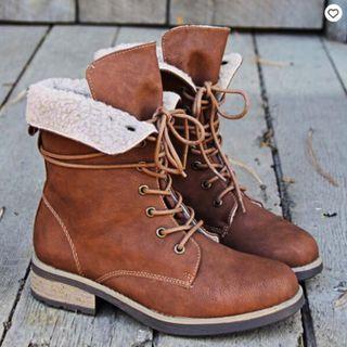 Block Heel Fleece-lined Lace Up Short Boots