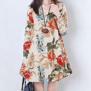 Floral Print Long-sleeve Mini A-line Dress