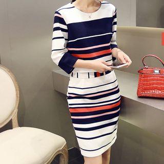 Set: Striped 3/4-sleeve Top + Striped Pencil Skirt