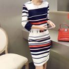Set: Striped 3/4-sleeve Top + Striped Pencil Skirt