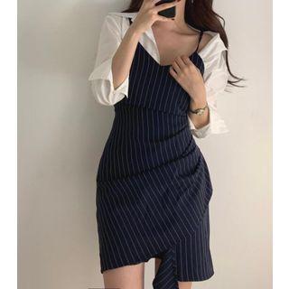 Long-sleeve Shirt / Spaghetti Strap Striped Mini Dress