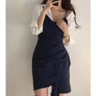 Long-sleeve Shirt / Spaghetti Strap Striped Mini Dress