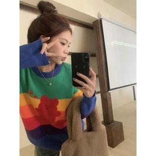 Bear Print Color Block Sweater Red Bear - Green & Yellow & Blue - One Size
