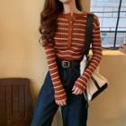 Half-button Striped Long-sleeve Knit Top