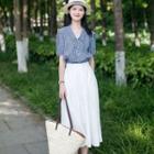 Set: Short Sleeve Gingham Shirt + High Waist Plain Midi A-line Skirt