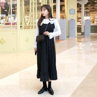 Ruffled Dotted Long Pinafore Dress Black - One Size