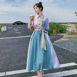 Elbow-sleeve Striped Panel Midi A-line Shirtdress