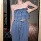 Denim Ruffle Trim Tube Top / High Waist Wide Leg Jeans