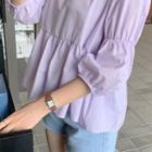 Puff-sleeve Cotton Peplum Blouse Light Purple - One Size
