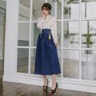 Set: Hanbok Top (floral / Ivory) + Skirt (maxi / Navy Blue)