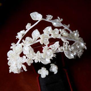 Set: Wedding Flower Tiara + Earring Set - White - One Size