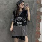 Lettering Tank Top / Contrast Stitching Elbow-sleeve T-shirt