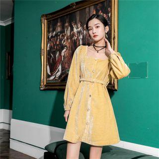 Button-up Square-neck Long-sleeve Mini A-line Dress
