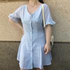 Striped Short-sleeve Buttoned A-line Dress