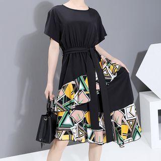 Printed Panel Ruffle Trim Short-sleeve Midi A-line Dress Black - One Size