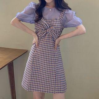 Set: Puff-sleeve Top + Spaghetti Strap Plaid Twist-front Mini A-line Dress