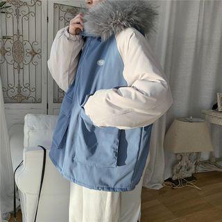 Faux-fur Color Block Hooded Padded Jacket